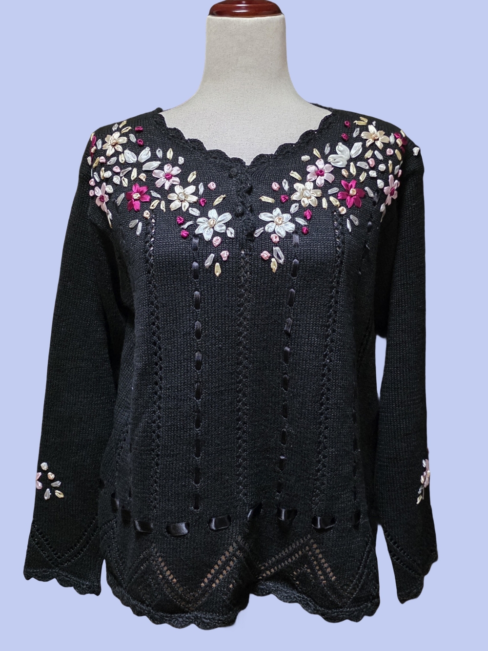Capacity Petite Black Embroidered Floral Ribbon Knitted Quarter Button Sweater